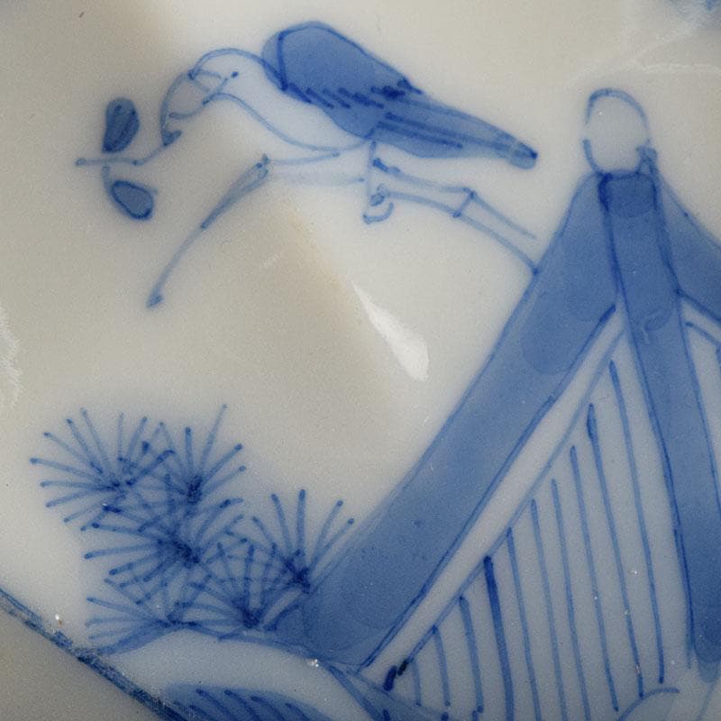 瀬戸焼　松籟園製　染付　花鳥文　扇面皿　V　R9526