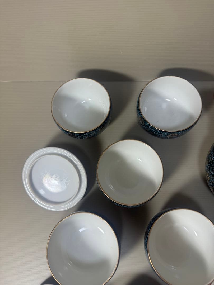 2086 九谷焼　青粒　茶器セット　急須1客　湯呑蓋付5客　金彩