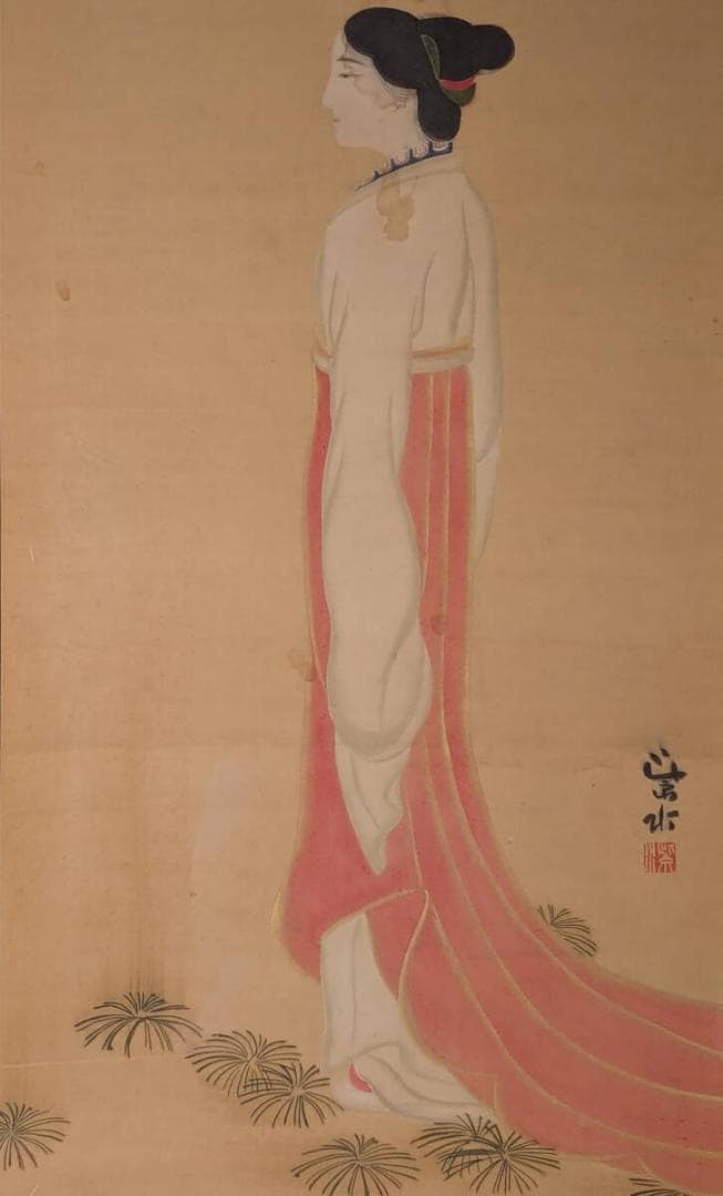 【真作】絵画　日本画　佳人立姿　優美なる大和の美　古典的美の余韻　Y130