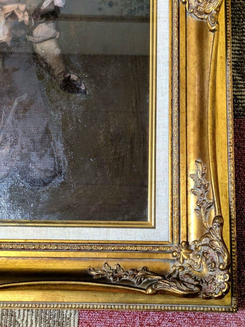 油彩 岩島雅彦 　絵画　アンティーク　金装飾額　少女　人形　油絵