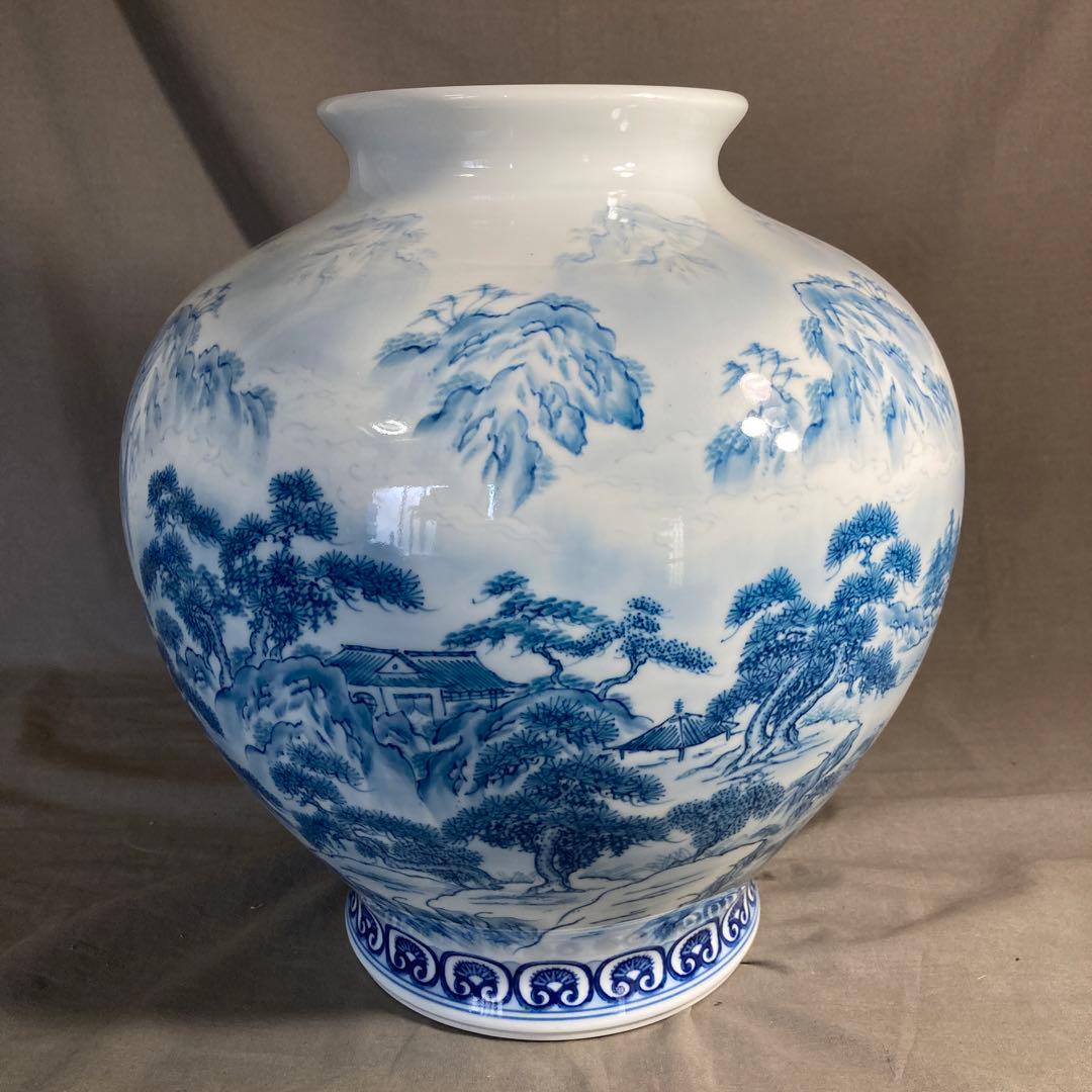 【松右衛門】古伊万里の伝統　日本の名窯　緒方松右衛門作　染付廻り山水絵　大花瓶