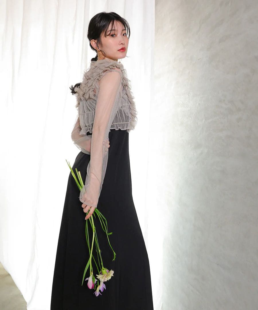 【にこ】チュール ボリューム フリル ベスト シアー トップス ワンピース