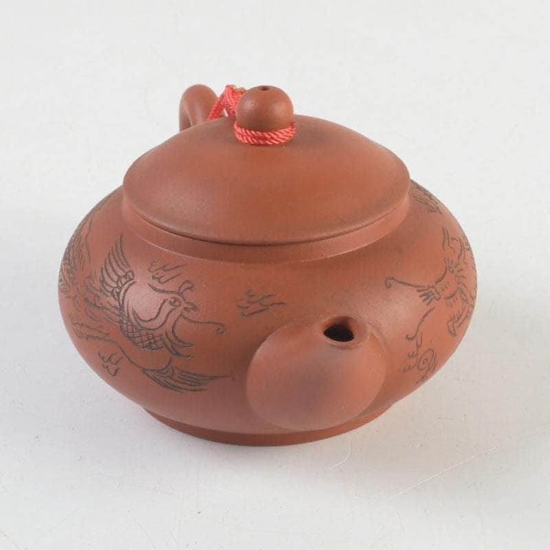 中国　紫砂　朱泥　雲龍鳳凰刻　急須　茶壷　在銘　N　9442