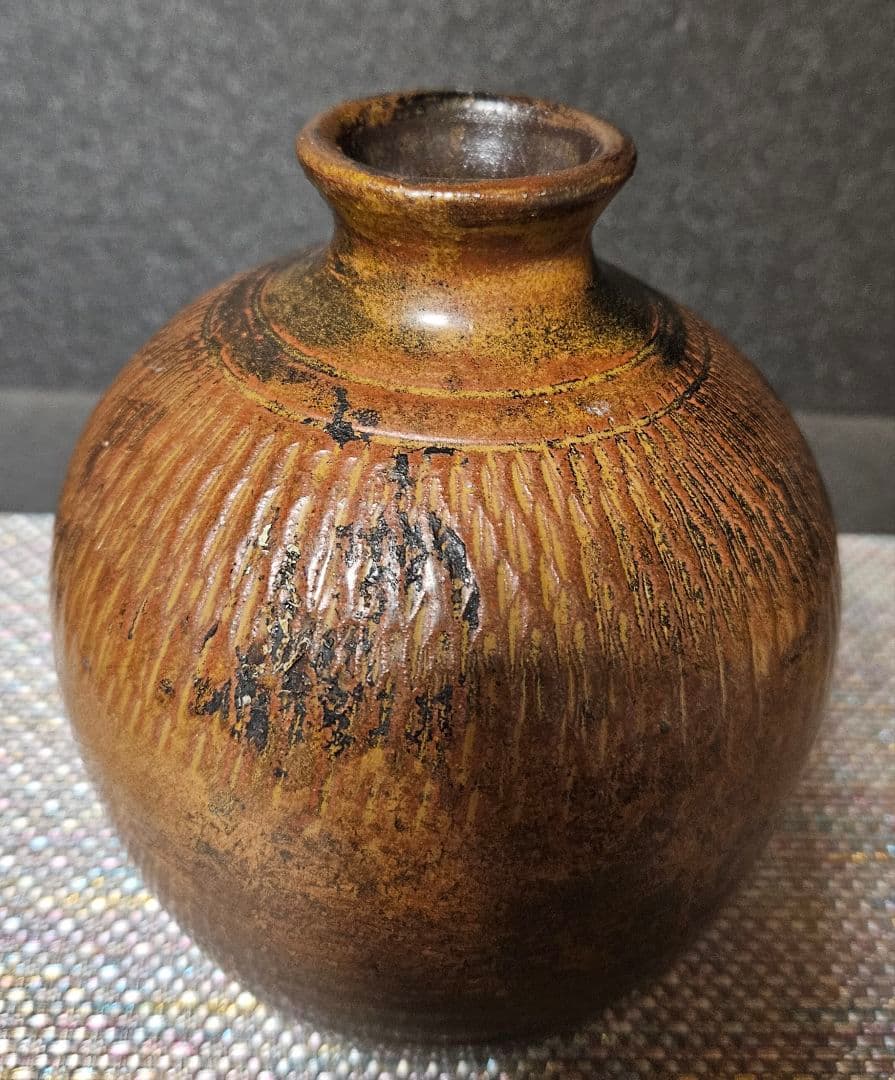 江戸時代　宮城　古上野目焼　鉋目　トビカンナ文様　徳利　壺　花入れ　大堀相馬焼