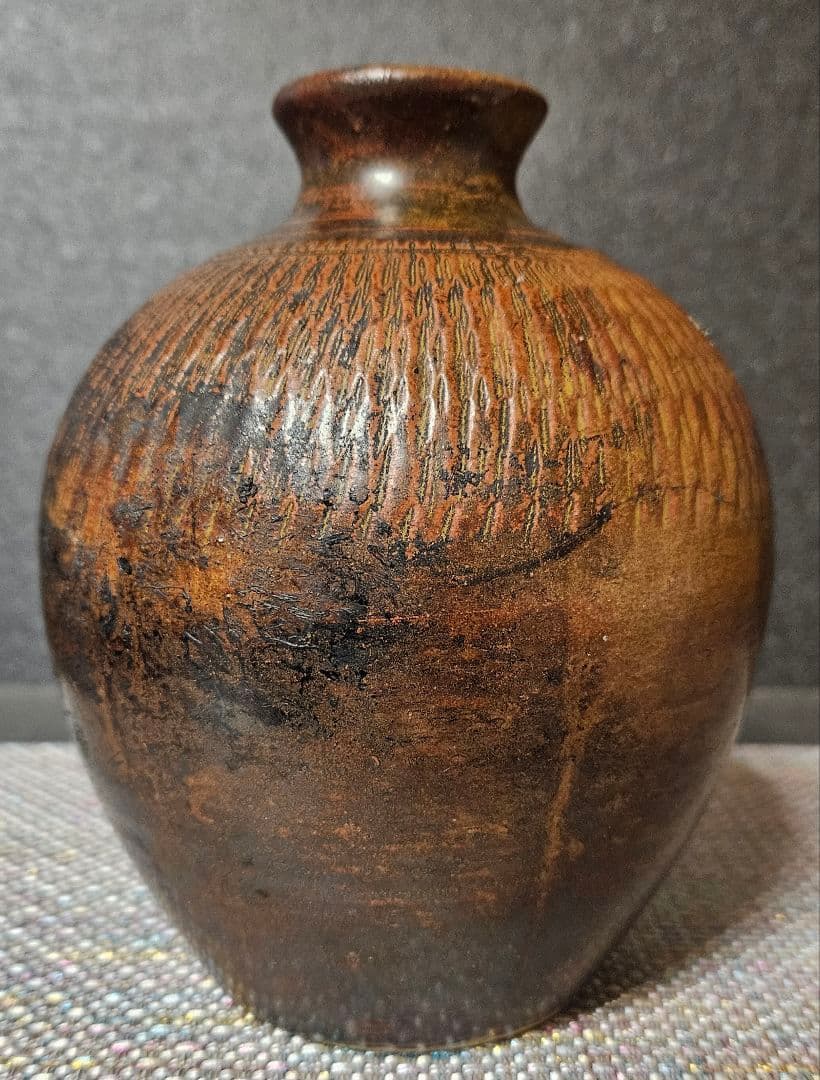 江戸時代　宮城　古上野目焼　鉋目　トビカンナ文様　徳利　壺　花入れ　大堀相馬焼