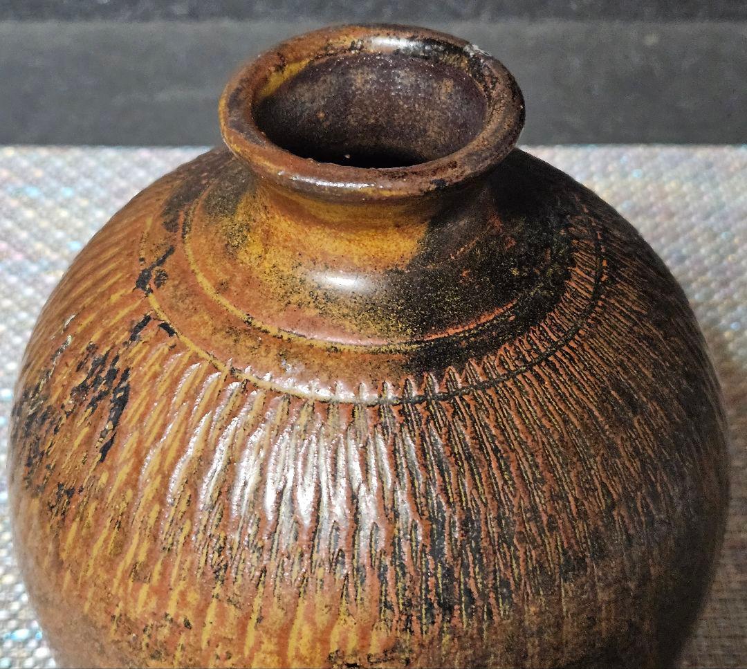 江戸時代　宮城　古上野目焼　鉋目　トビカンナ文様　徳利　壺　花入れ　大堀相馬焼