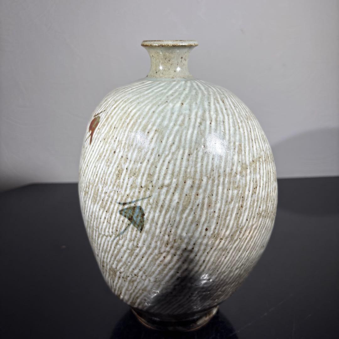 真作　人間国宝　島岡達三　地釉象嵌縄文扁壷