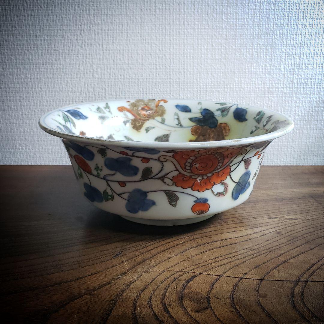 鉢　龍　中国骨董　直し　鎹　草花文様　富貴長春　色絵付け　直しあり