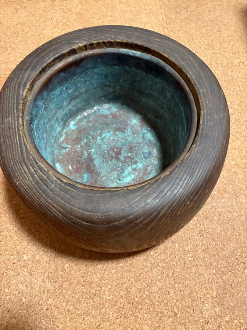 木製丸火鉢 木目桐火鉢　手炙り　銅落とし大正レトロ！
