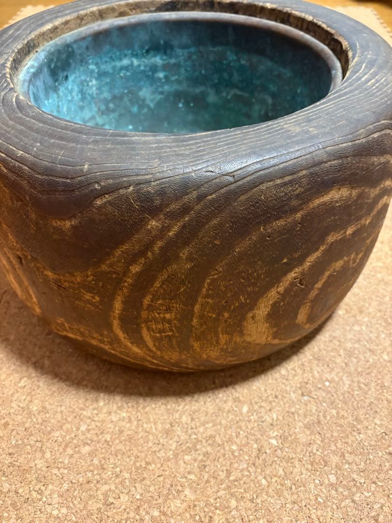 木製丸火鉢 木目桐火鉢　手炙り　銅落とし大正レトロ！