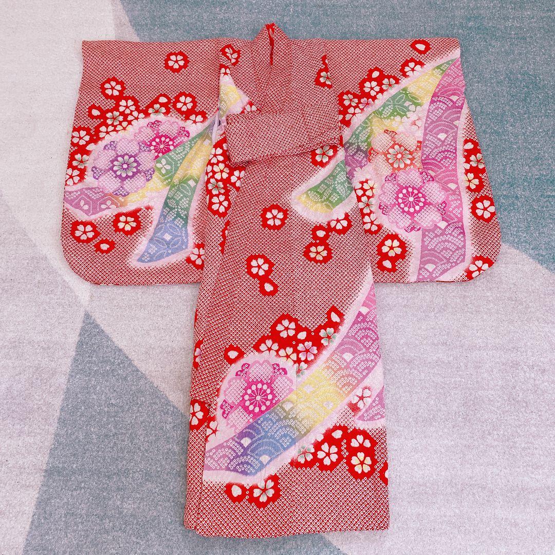 七五三 3歳 正絹 総絞り 被布 着物 バッグ 草履 髪飾り セット