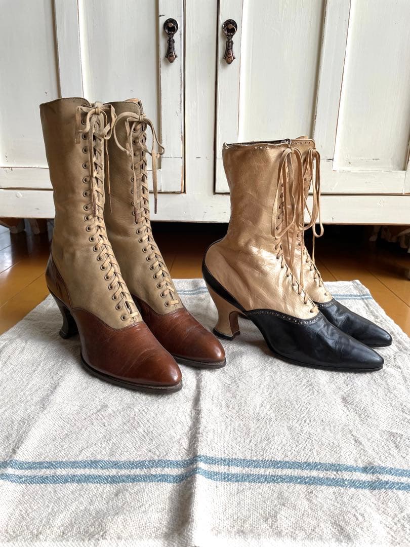 ♡アンティーク　ヴィクトリアン　フランス　レースアップブーツ　ベージュ　ブラウン