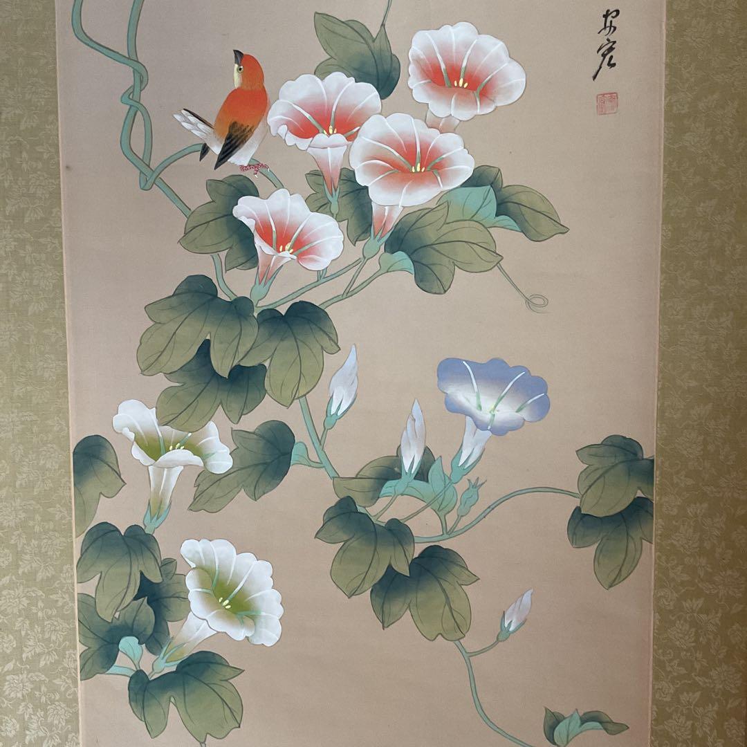花鳥画 絹本 彩色画 ？中国画 朝顔に小禽図 軸先紫檀 タトウ箱