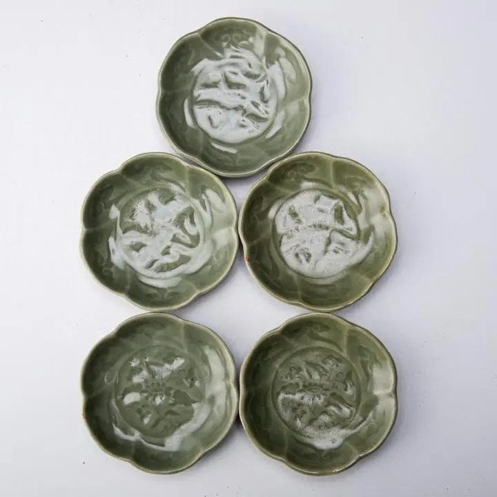 ◆201◆美しい名品！三田青磁　輪花　小皿5枚　時代　骨董　和食器