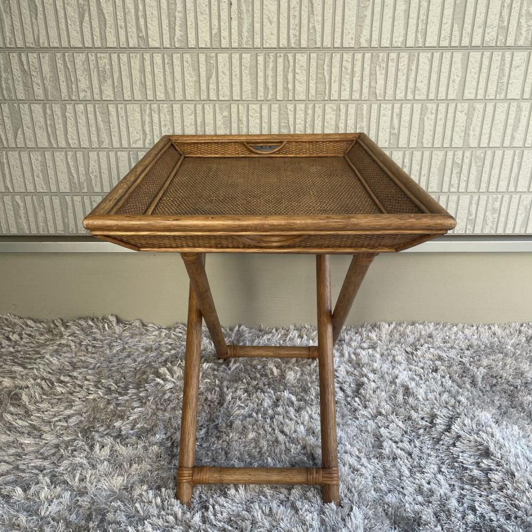 ラタン　籐　フォールディングトレイ　 サイドテーブル　お盆　 木製 アンティーク