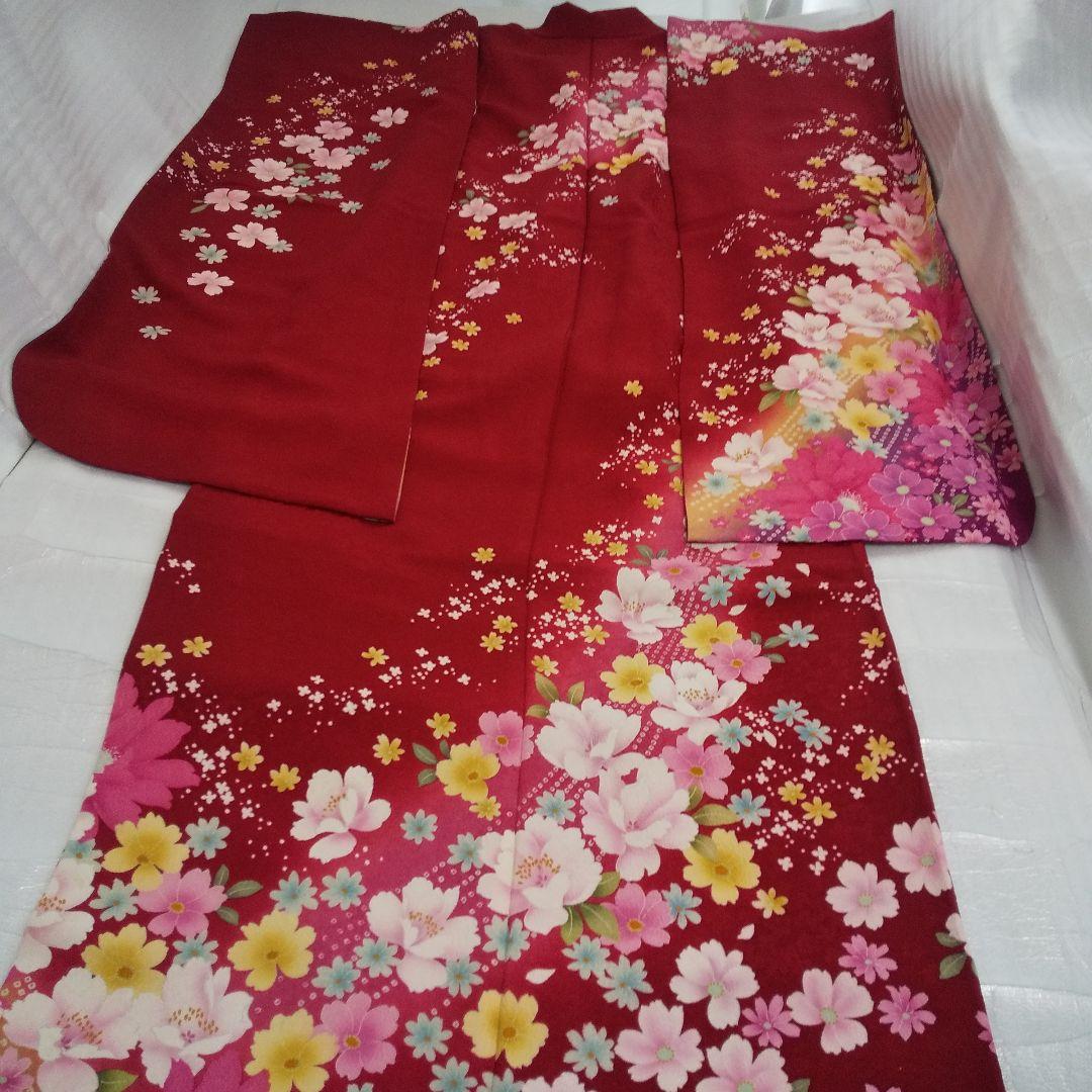 みみ 赤ピンク正絹振袖6点セット袋帯帯締め帯揚げ半襟重ね襟成人式卒業式等