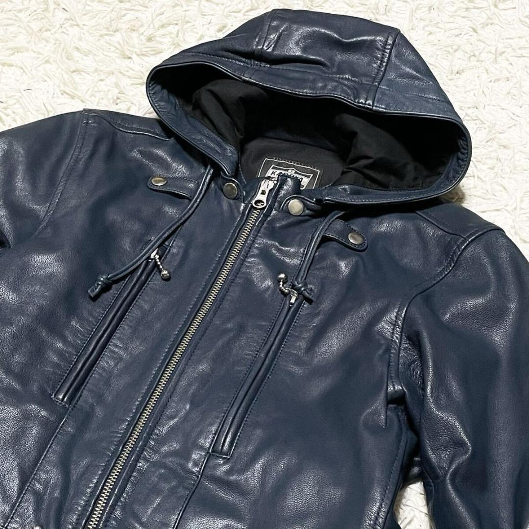 極美品●KADOYA カドヤ レザージャケット フード 山羊革 ネイビー レザー