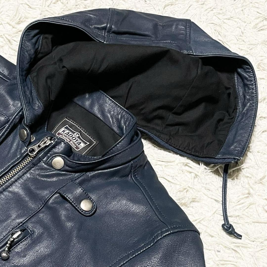 極美品●KADOYA カドヤ レザージャケット フード 山羊革 ネイビー レザー