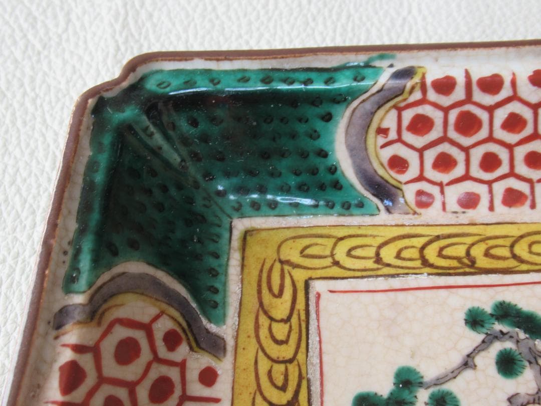 ◆美品希少 江戸時代末期◆吉田屋 角福 青手九谷 山水図 角皿 横幅18.2cm