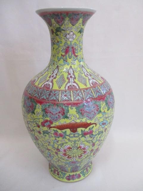 中国古玩 大清雍正年製 魚尾花瓶 箱なし 台座付き 約36cm 中国美術