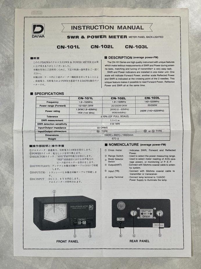 DAIWA製 SWR & POWER METER CN-103L