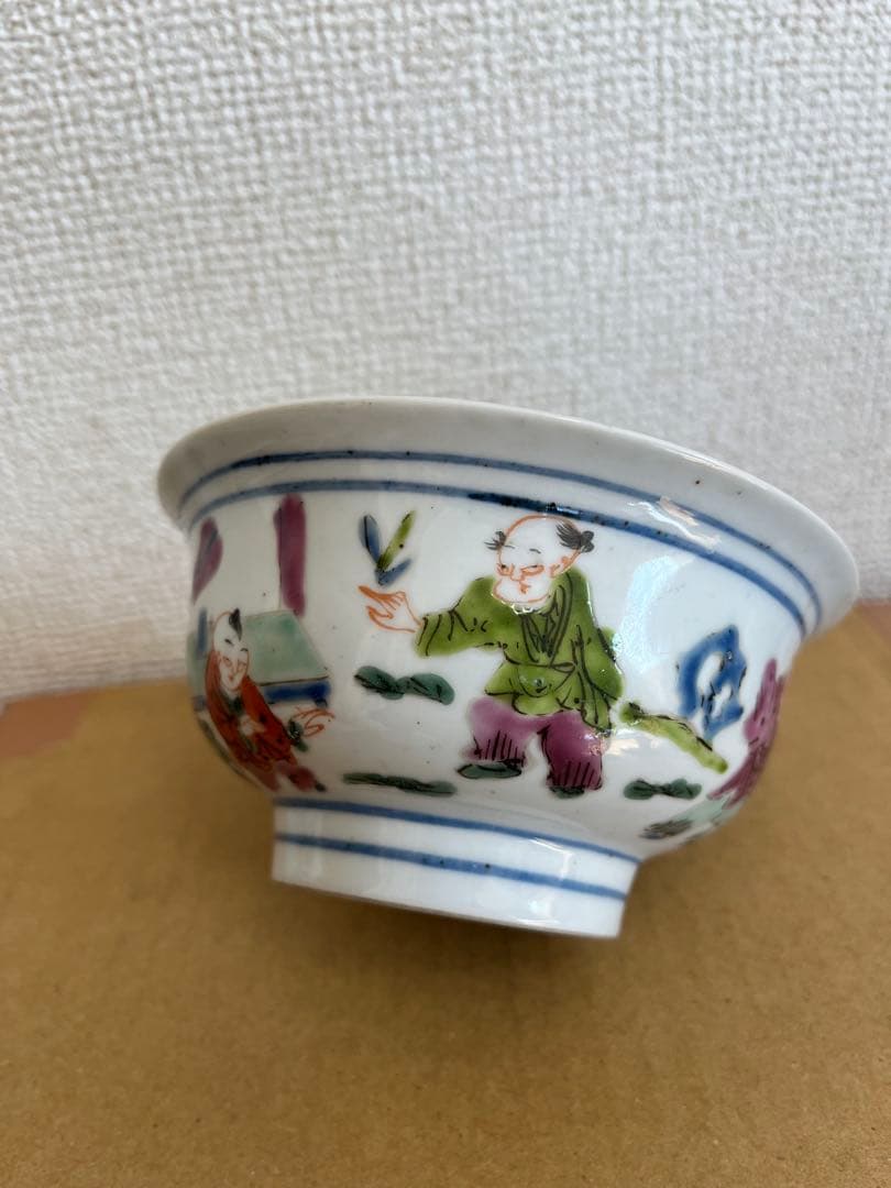 中国美術 粉引 色絵　六角 筆筒 童子圖 茶盞 大清同治年製 3点