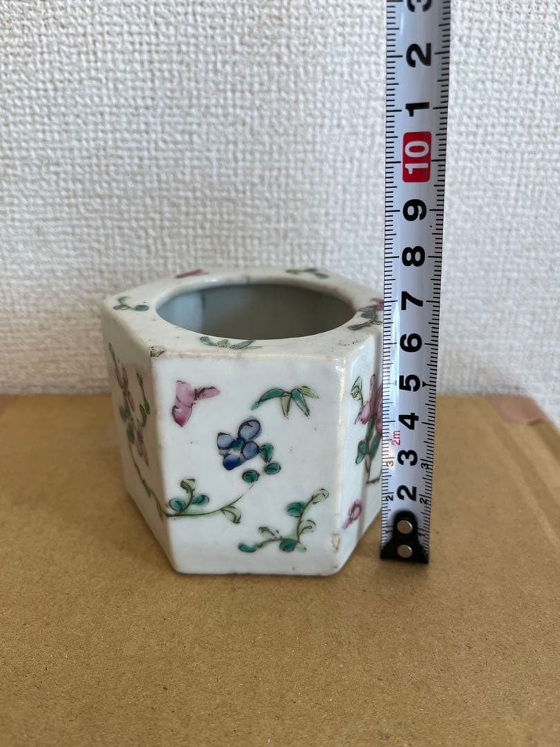 中国美術 粉引 色絵　六角 筆筒 童子圖 茶盞 大清同治年製 3点