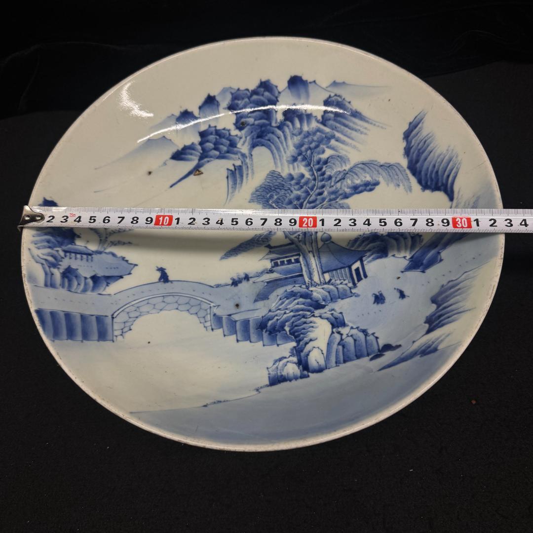 古伊万里　山水楼　大皿　染付　飾り皿　在銘　時代物33cm