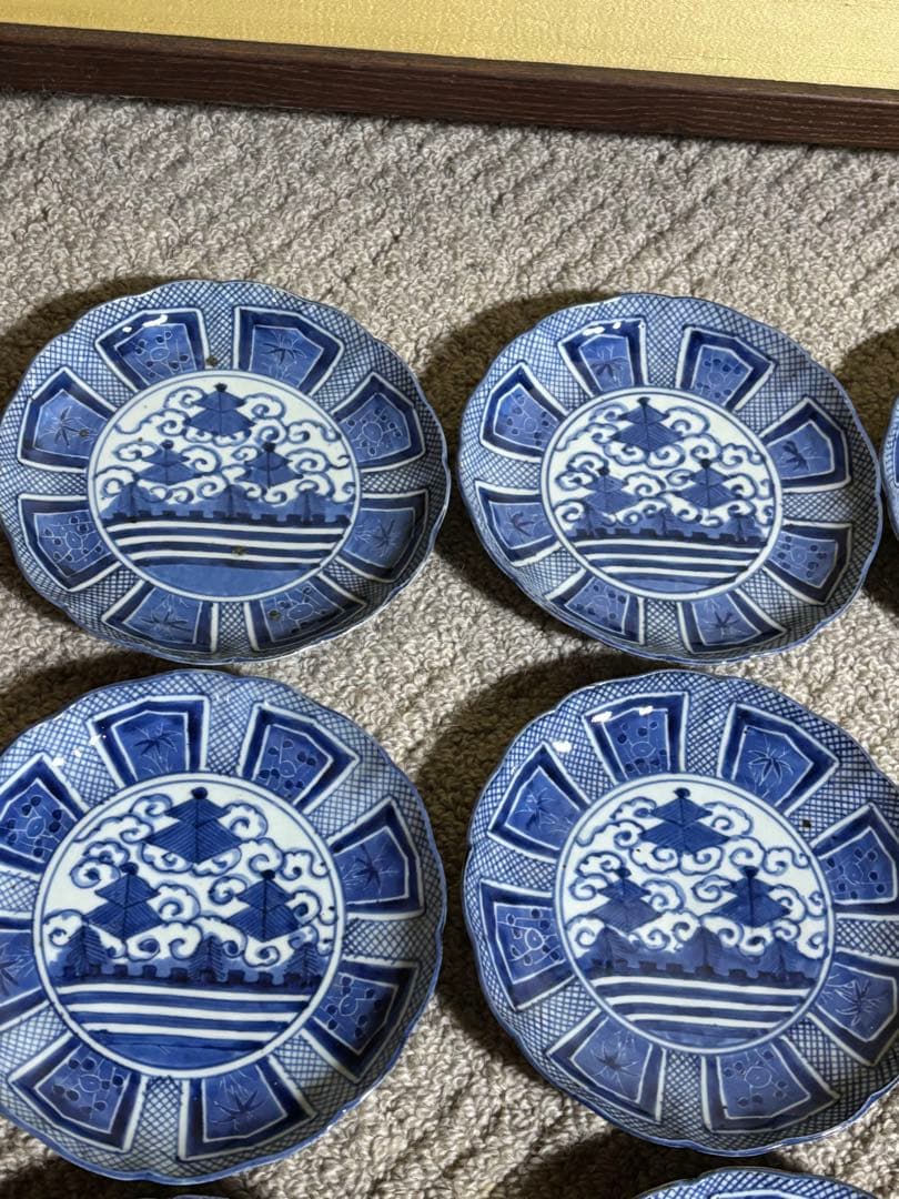 古伊万里染付芙蓉手膾皿 江戸時代 藍色 意匠 陶器 13枚 時代物 希少品