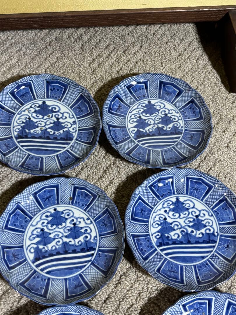 古伊万里染付芙蓉手膾皿 江戸時代 藍色 意匠 陶器 13枚 時代物 希少品