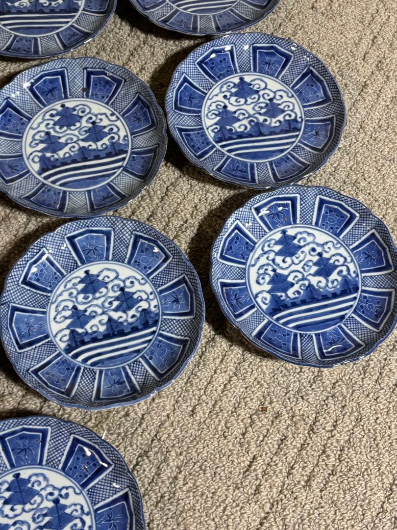 古伊万里染付芙蓉手膾皿 江戸時代 藍色 意匠 陶器 13枚 時代物 希少品