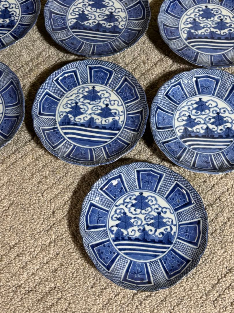 古伊万里染付芙蓉手膾皿 江戸時代 藍色 意匠 陶器 13枚 時代物 希少品