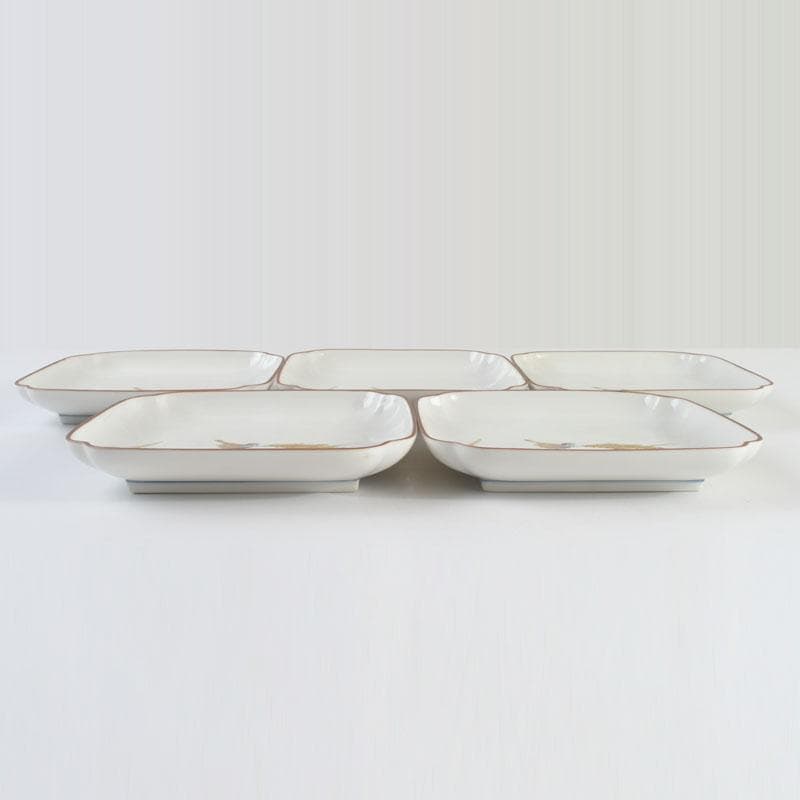 和食器　九谷焼　竹村正一作　色絵　稲穂に雀図　皿揃　五客　共箱　V　9457