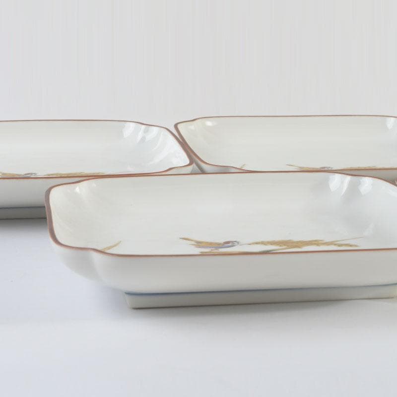 和食器　九谷焼　竹村正一作　色絵　稲穂に雀図　皿揃　五客　共箱　V　9457