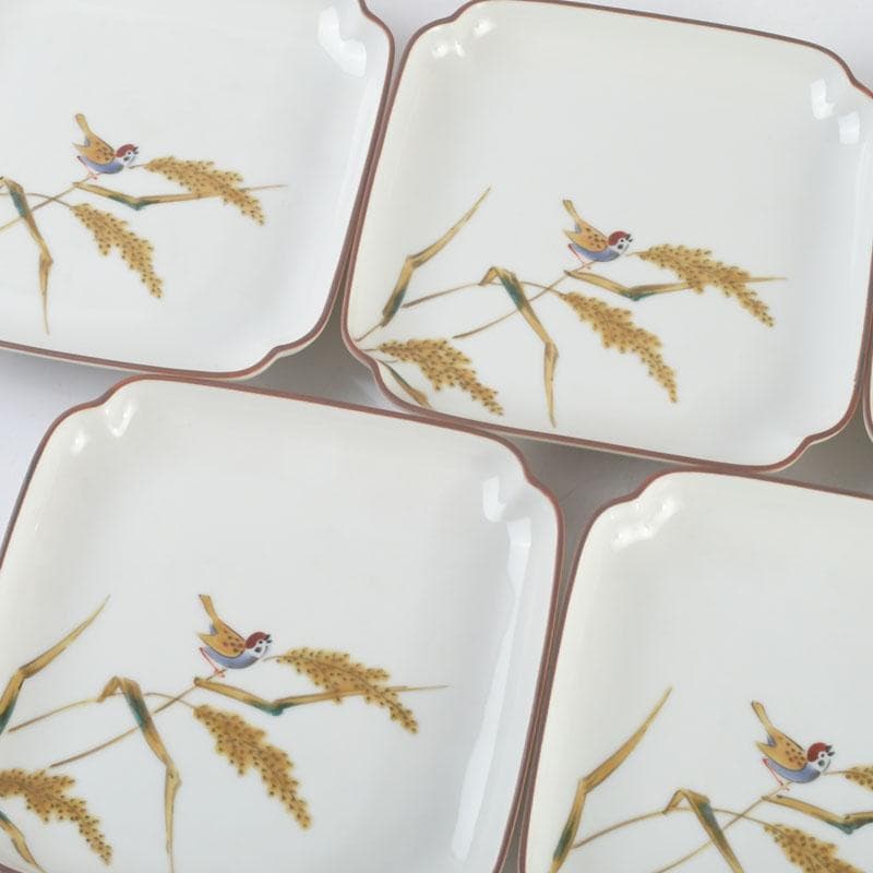 和食器　九谷焼　竹村正一作　色絵　稲穂に雀図　皿揃　五客　共箱　V　9457