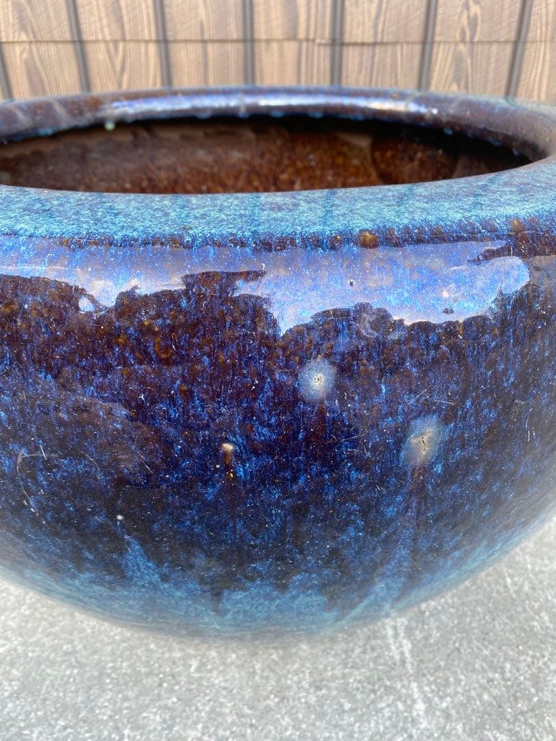 火鉢　陶器　海鼠釉　アンティーク　骨董　金魚鉢　特大　睡蓮鉢　メダカ　鉢カバー