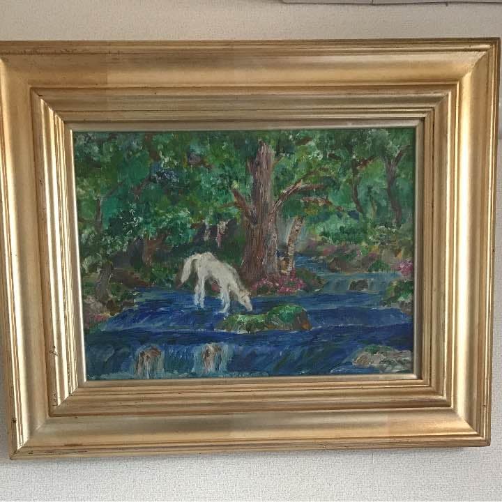 表題孤独感油絵水辺の白馬額外側サイズ50cm×39cmアート