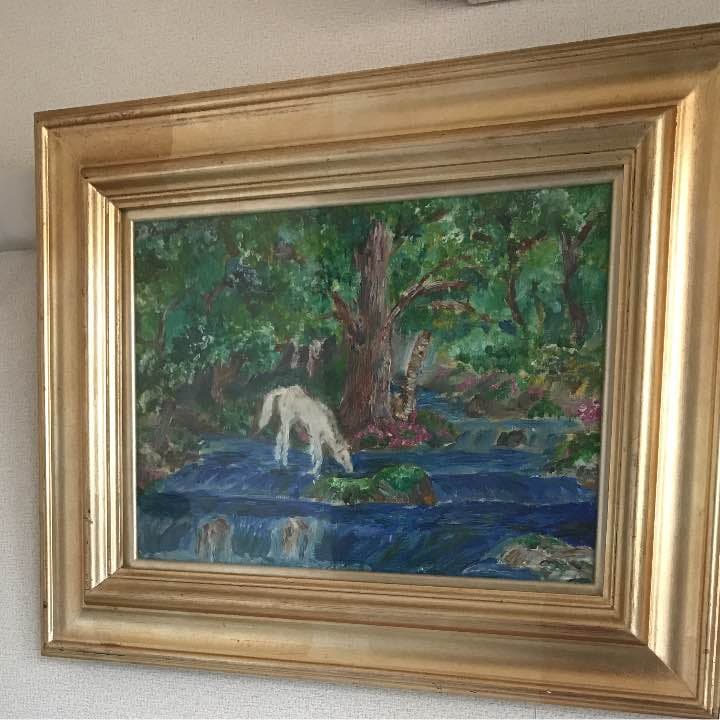 表題孤独感油絵水辺の白馬額外側サイズ50cm×39cmアート