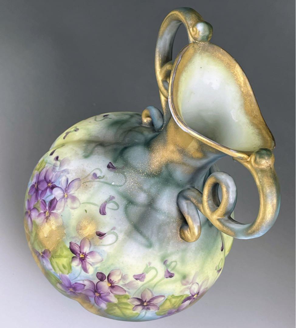 【希少】オールドノリタケ 焼き付け金彩 スミレ紋 花瓶 金釉の霧吹き 金彩ミスト