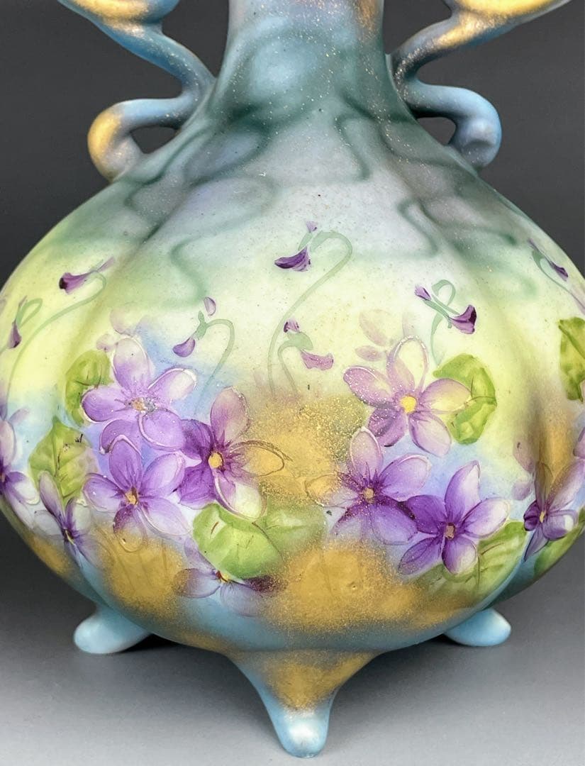 【希少】オールドノリタケ 焼き付け金彩 スミレ紋 花瓶 金釉の霧吹き 金彩ミスト