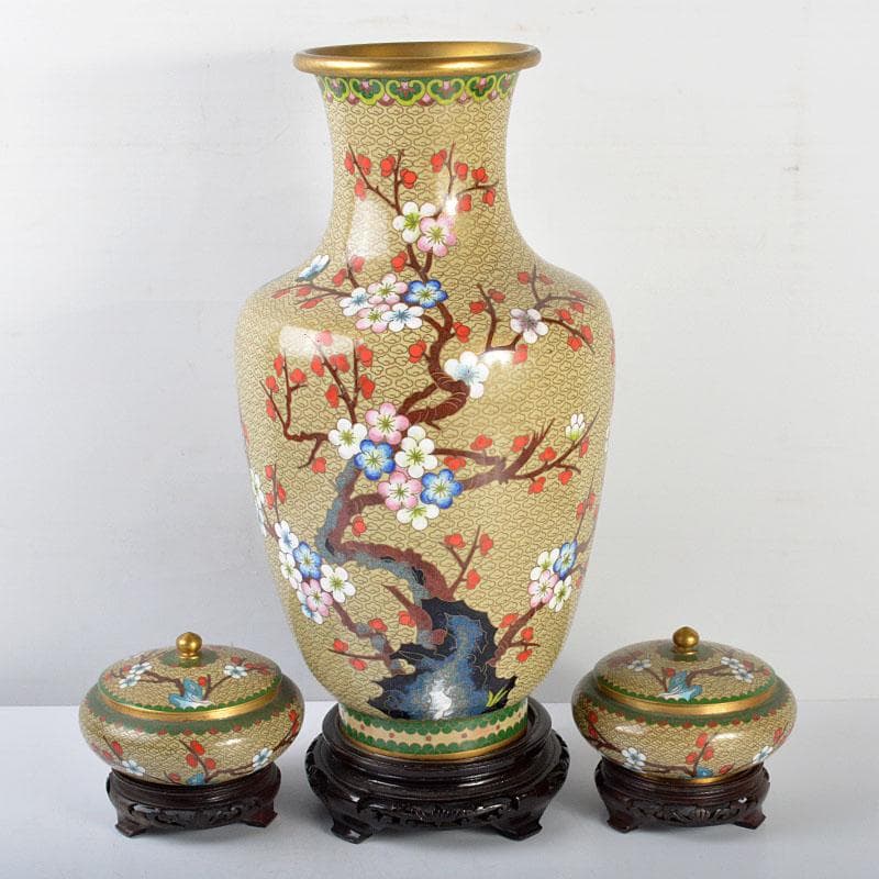 中国　古七宝琺瑯彩　花文　瓶　蓋物　唐木台付　3点まとめて　D　R4464B
