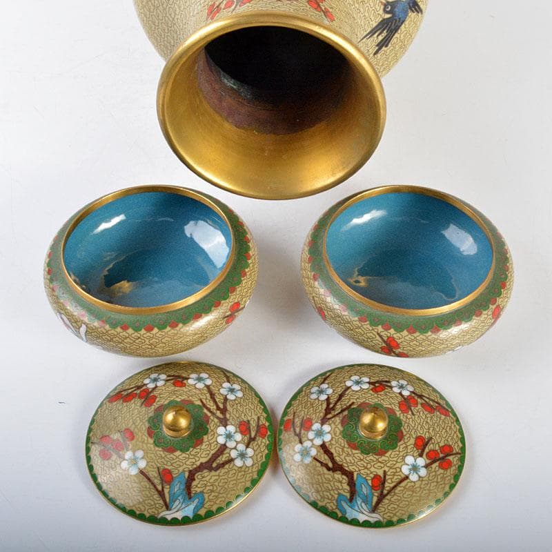 中国　古七宝琺瑯彩　花文　瓶　蓋物　唐木台付　3点まとめて　D　R4464B