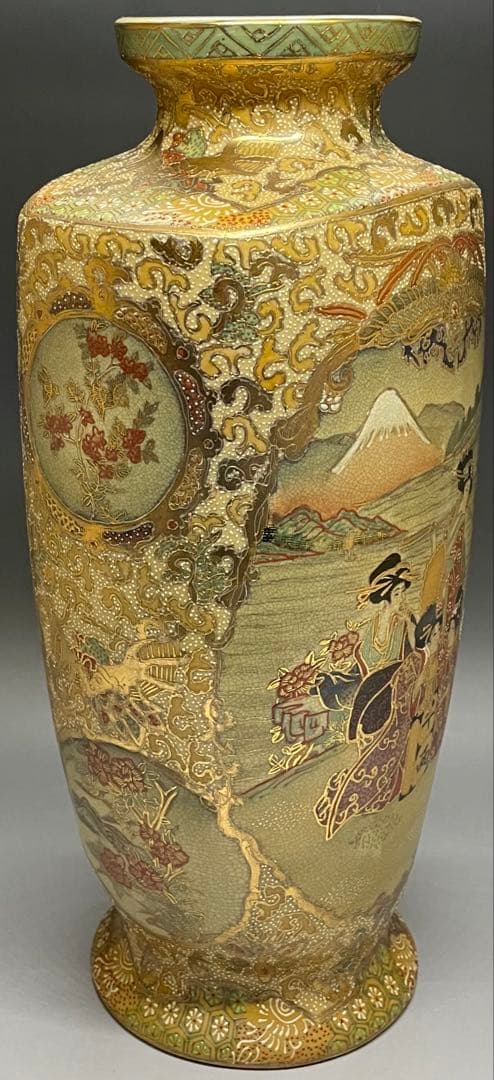 薩摩焼　色絵　金蘭手　武士美人図　花瓶　壺　飾壷　36cm v49