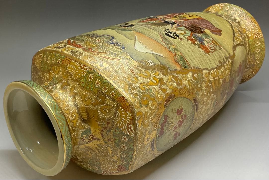 薩摩焼　色絵　金蘭手　武士美人図　花瓶　壺　飾壷　36cm v49