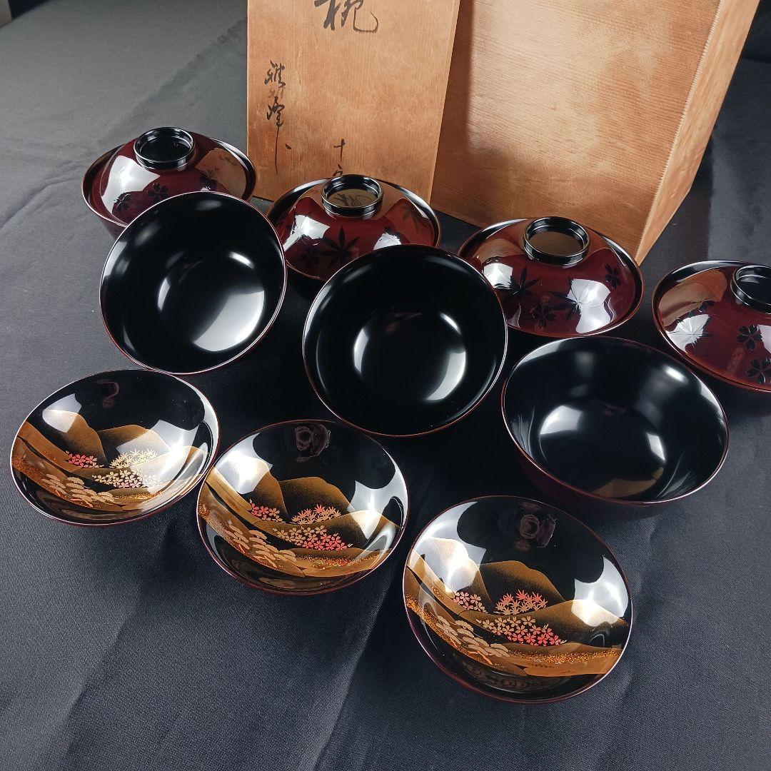 Y3112-2 懐石道具 漆器 金彩 遠山春花蒔絵 椀 7客 共箱