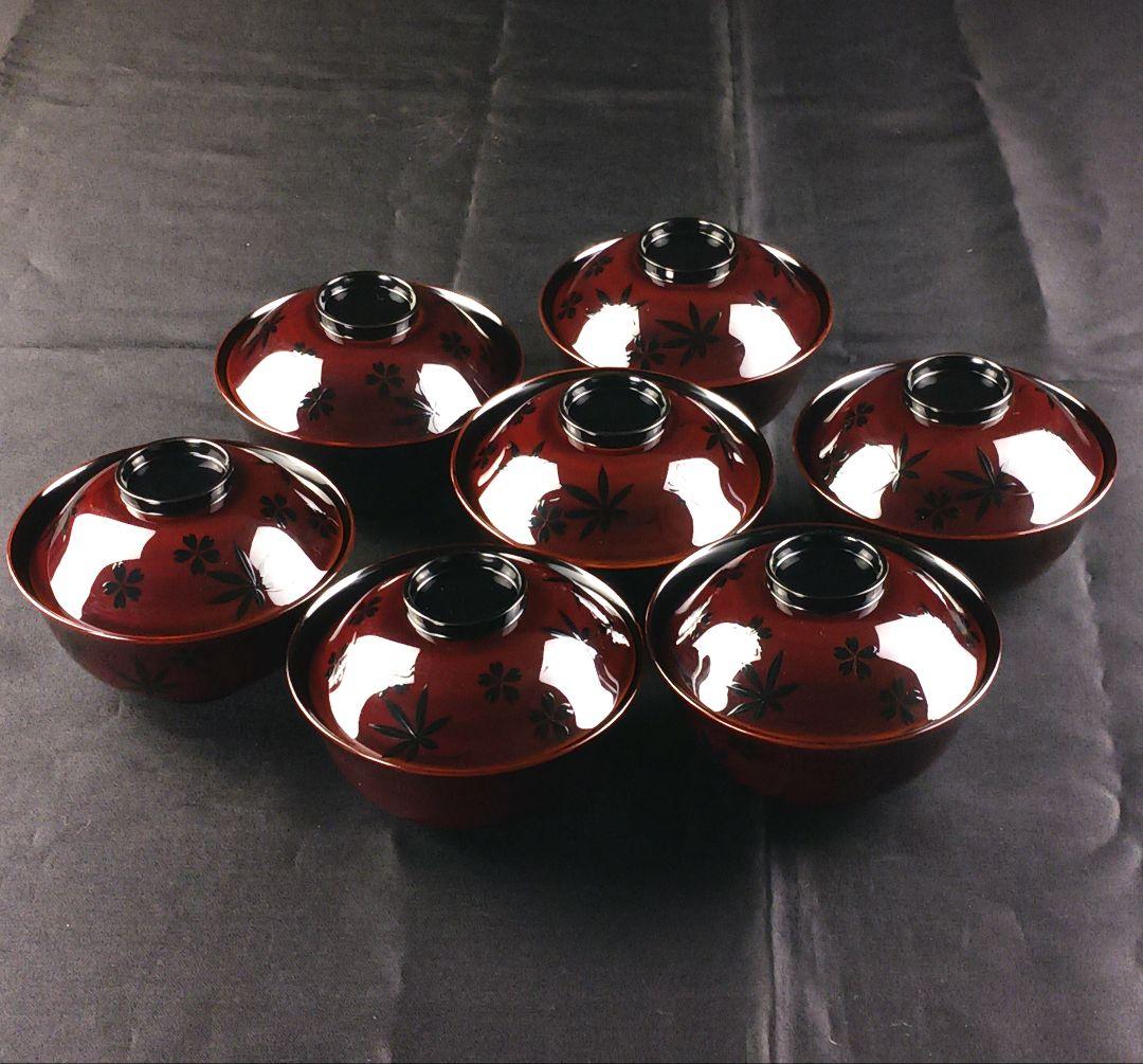 Y3112-2 懐石道具 漆器 金彩 遠山春花蒔絵 椀 7客 共箱