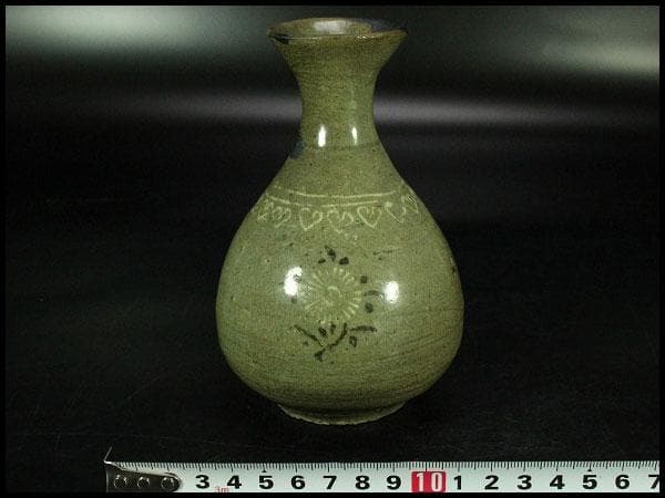 古美術 高麗 青磁 花紋 瓶 李朝(K-A620)