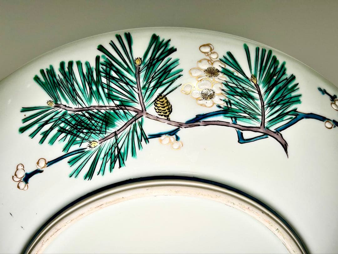 稀少 明治九谷の第一人者 松本佐平 松雲堂 五彩手残雪水仙文大皿 九谷焼