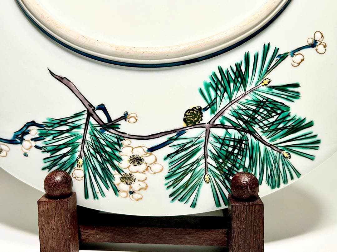 稀少 明治九谷の第一人者 松本佐平 松雲堂 五彩手残雪水仙文大皿 九谷焼