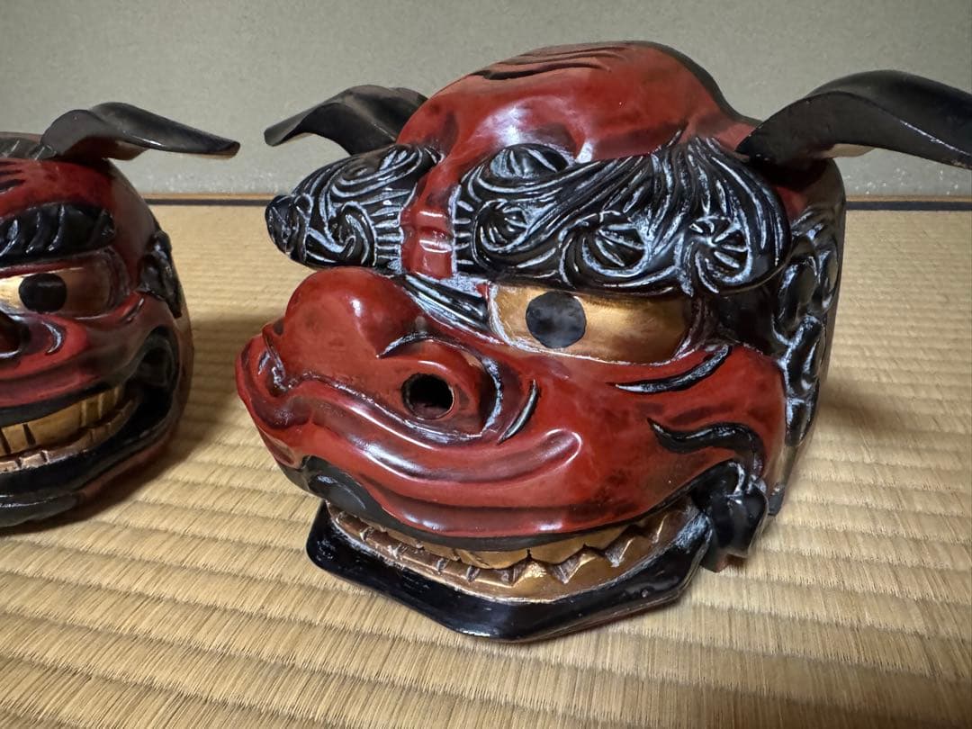 母のお茶道具の仲間たち　 レトロ 獅子頭 雄雌木彫 最大幅21〜25、高13cm